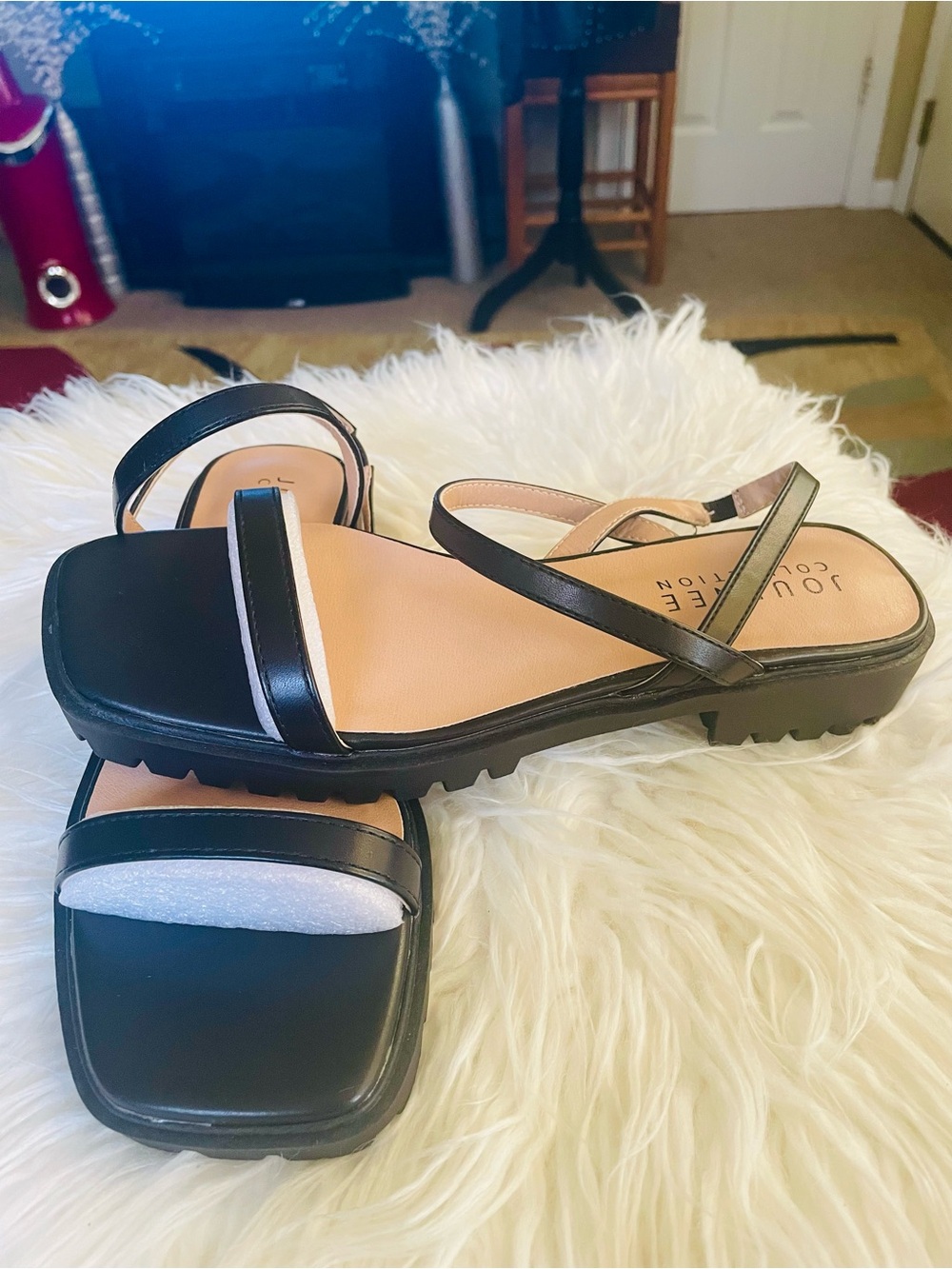 Journee Collection Black Strappy Square-Toe Flat Sandals